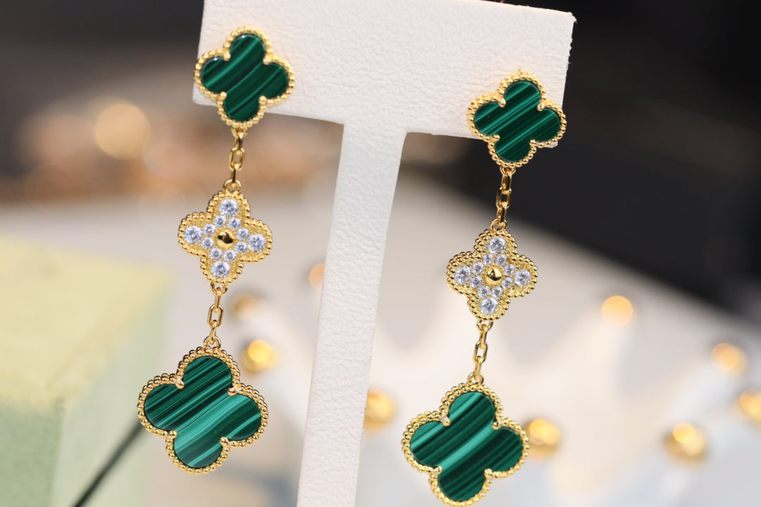 [Vellora-Opalyn]CLOVER EARRINGS GOLD MALACHITE DIAMOND 3 MOTIF