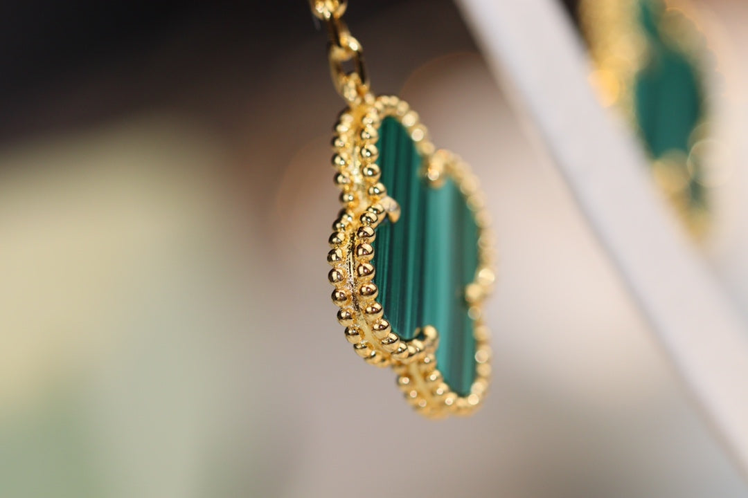 [Vellora-Opalyn]CLOVER EARRINGS GOLD MALACHITE DIAMOND 3 MOTIF