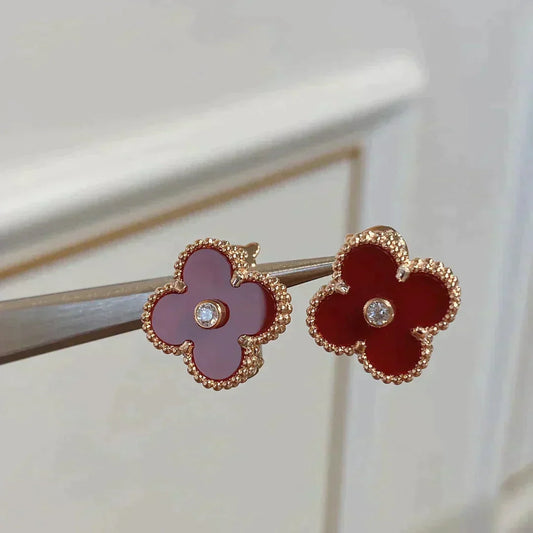 [Vellora-Opalyn]CLOVER MEDIUM 1 MOTIFS CARNELIAN  DIAMOND earrings