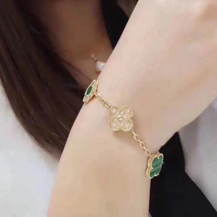 [Vellora-Opalyn]CLOVER  5 MOTIF MALACHITE DIAMOND BRACELET
