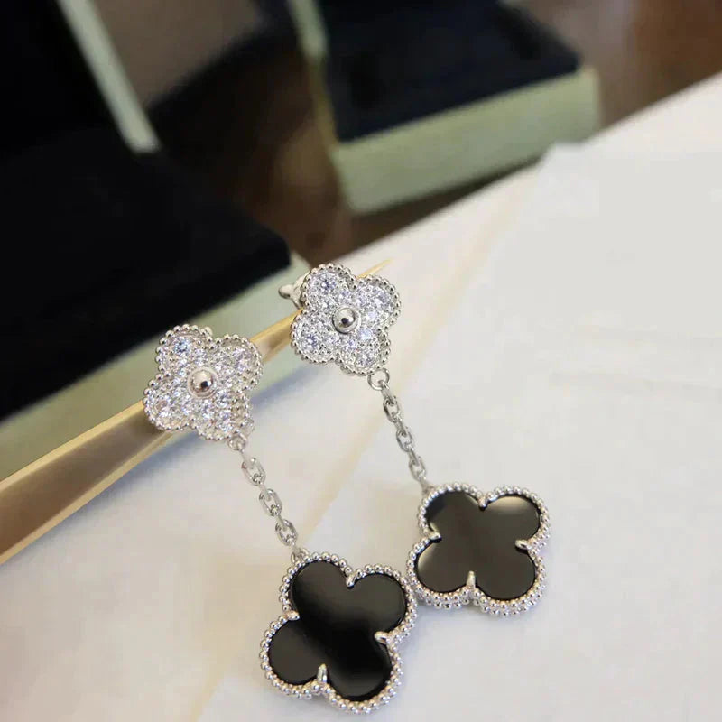 [Vellora-Opalyn]CLOVER 2 MOTIFS  DIAMOND ONYX EARRINGS SILVER
