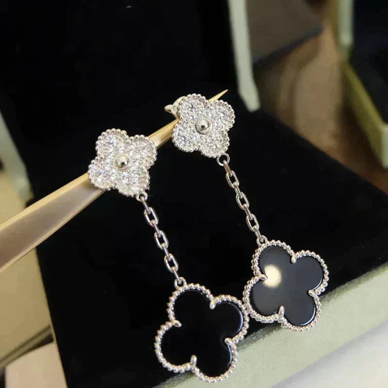 [Vellora-Opalyn]CLOVER 2 MOTIFS  DIAMOND ONYX EARRINGS SILVER