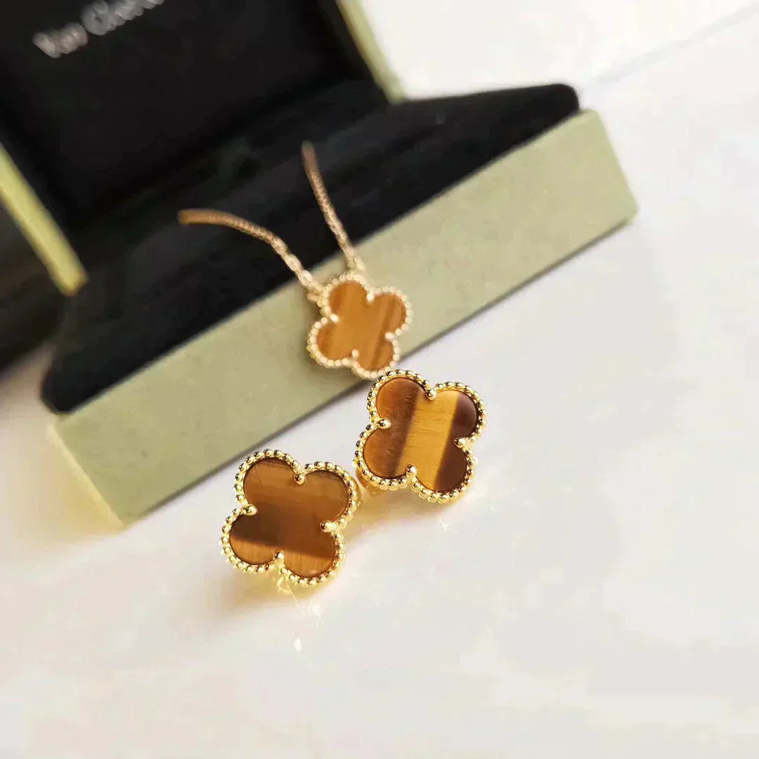 [Vellora-Opalyn]CLOVER MEDIUM 1 MOTIFS TIGER EYE EARRINGS