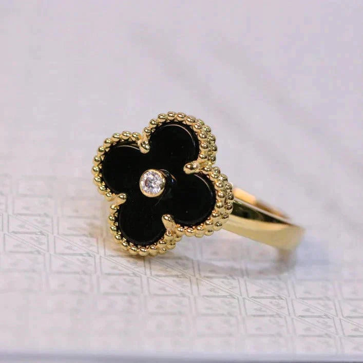 [Vellora-Opalyn]CLOVER ONYX RING GOLD DIAMOND