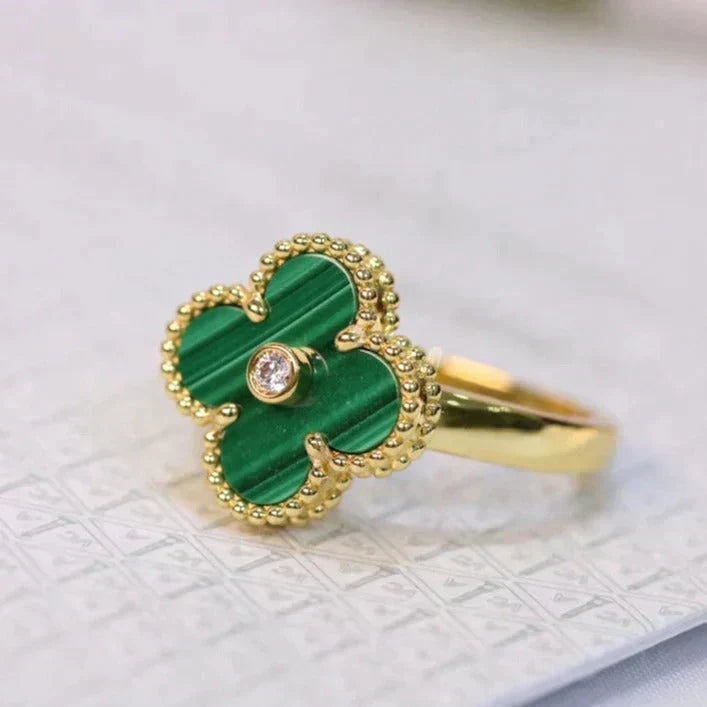 [Vellora-Opalyn]CLOVER MALACHITE RING GOLD DIAMOND