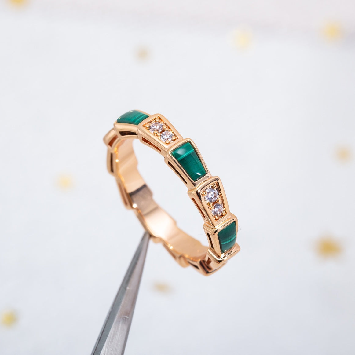 [Vellora-Opalyn]SERPENTI RING PINK GOLD MALACHITE DIAMOND 3MM