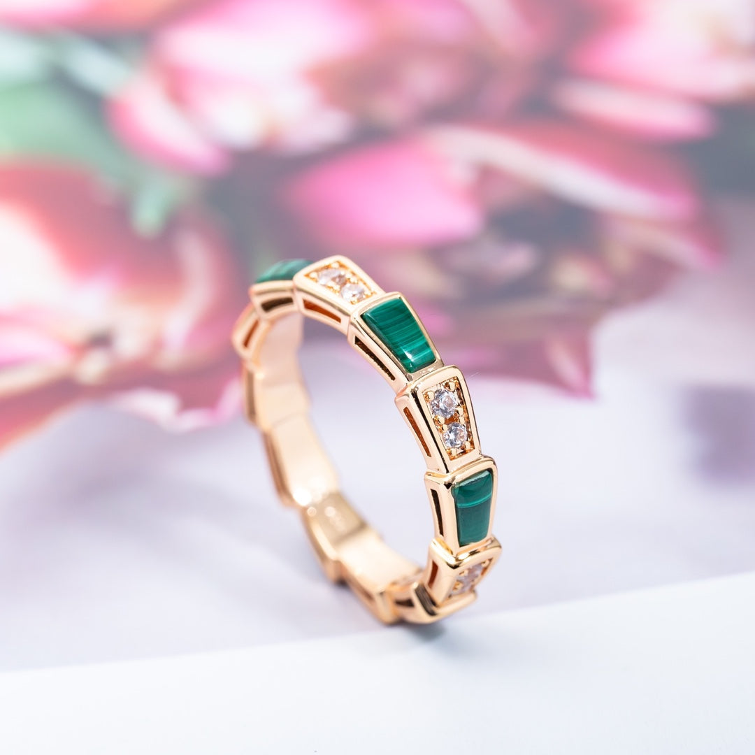 [Vellora-Opalyn]SERPENTI RING PINK GOLD MALACHITE DIAMOND 3MM