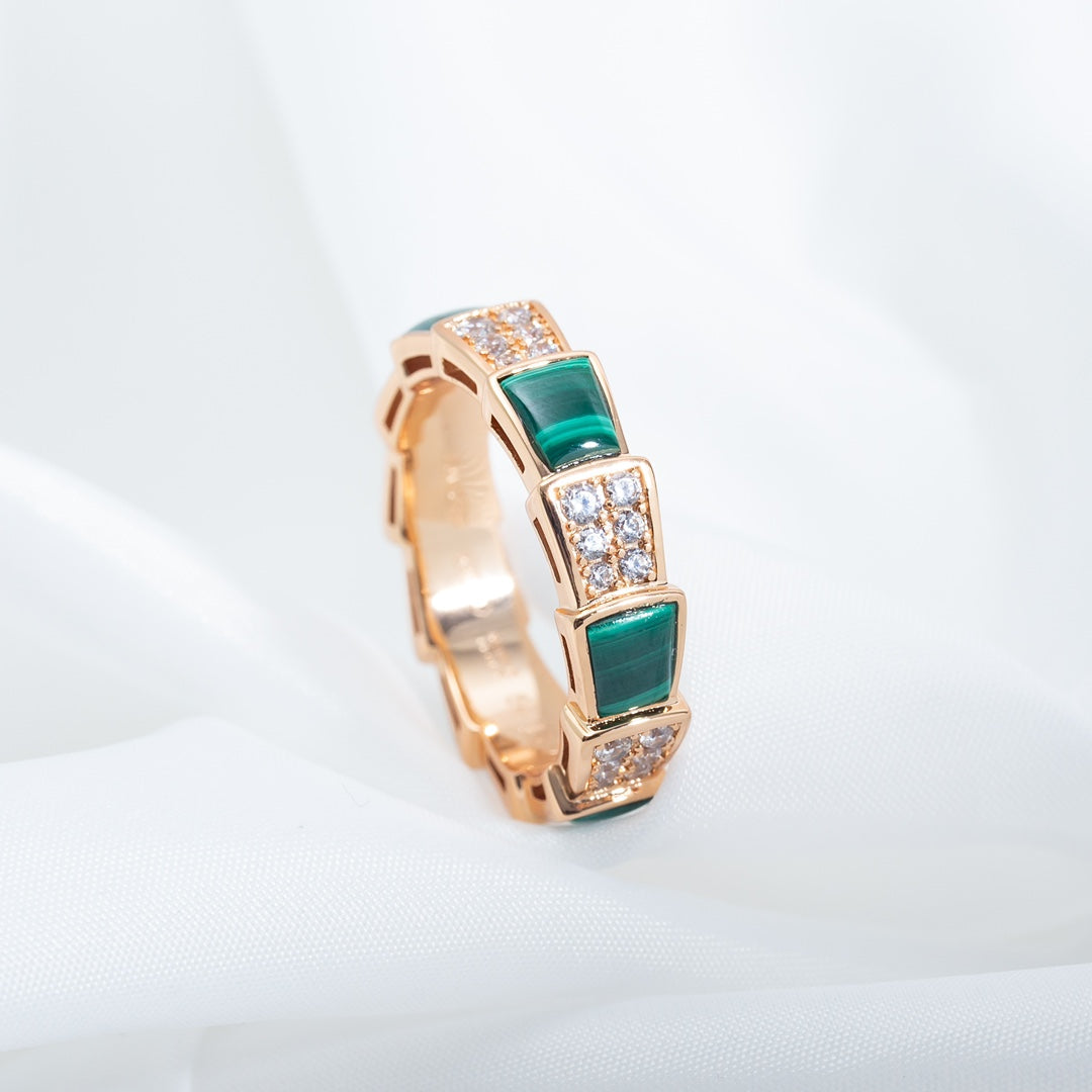 [Vellora-Opalyn]SERPENTI RING PINK GOLD MALACHITE DIAMOND PAVED 4MM