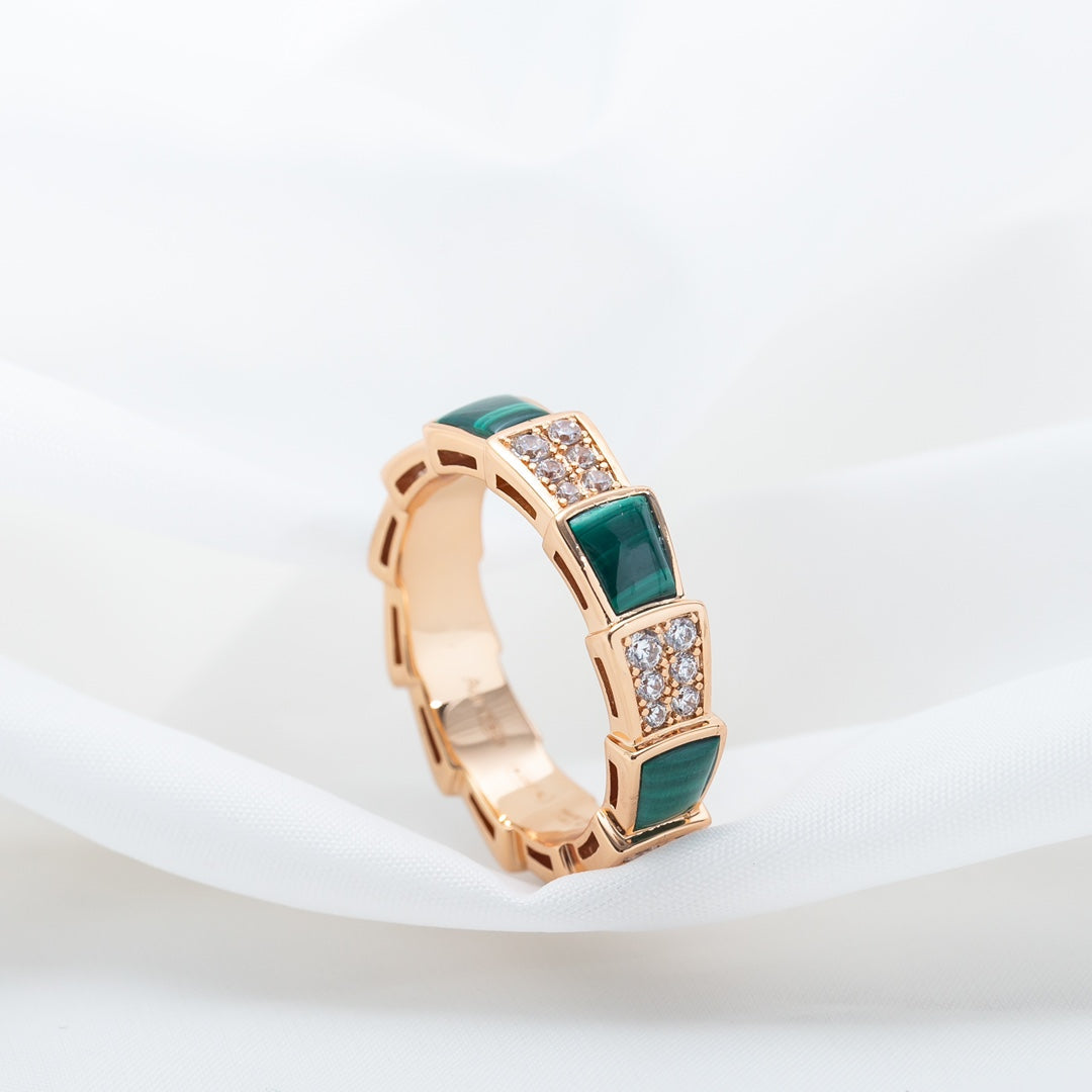 [Vellora-Opalyn]SERPENTI RING PINK GOLD MALACHITE DIAMOND PAVED 4MM