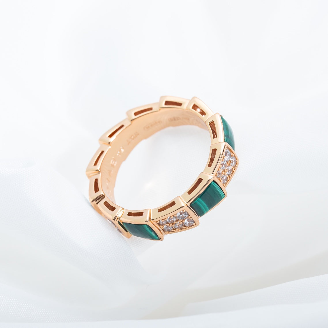 [Vellora-Opalyn]SERPENTI RING PINK GOLD MALACHITE DIAMOND PAVED 4MM