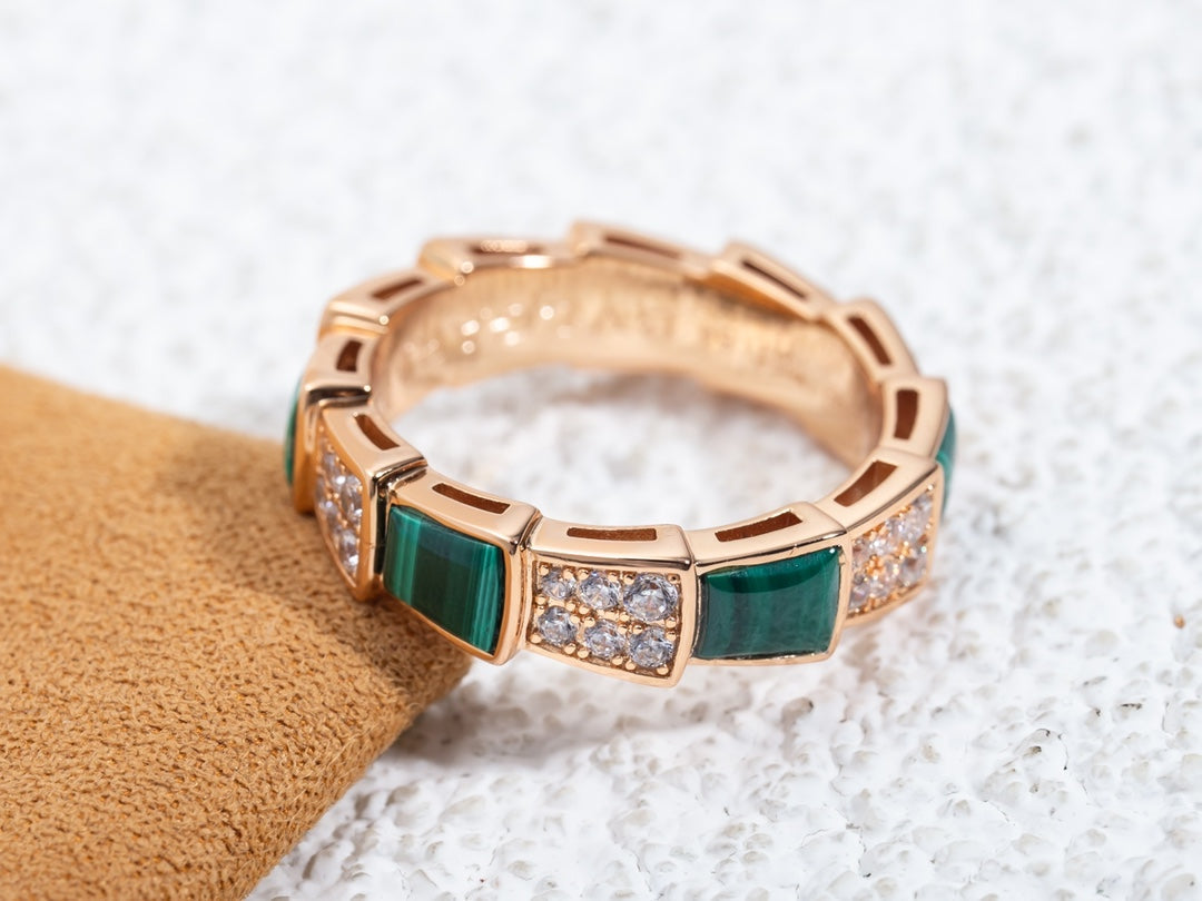 [Vellora-Opalyn]SERPENTI RING PINK GOLD MALACHITE DIAMOND PAVED 4MM