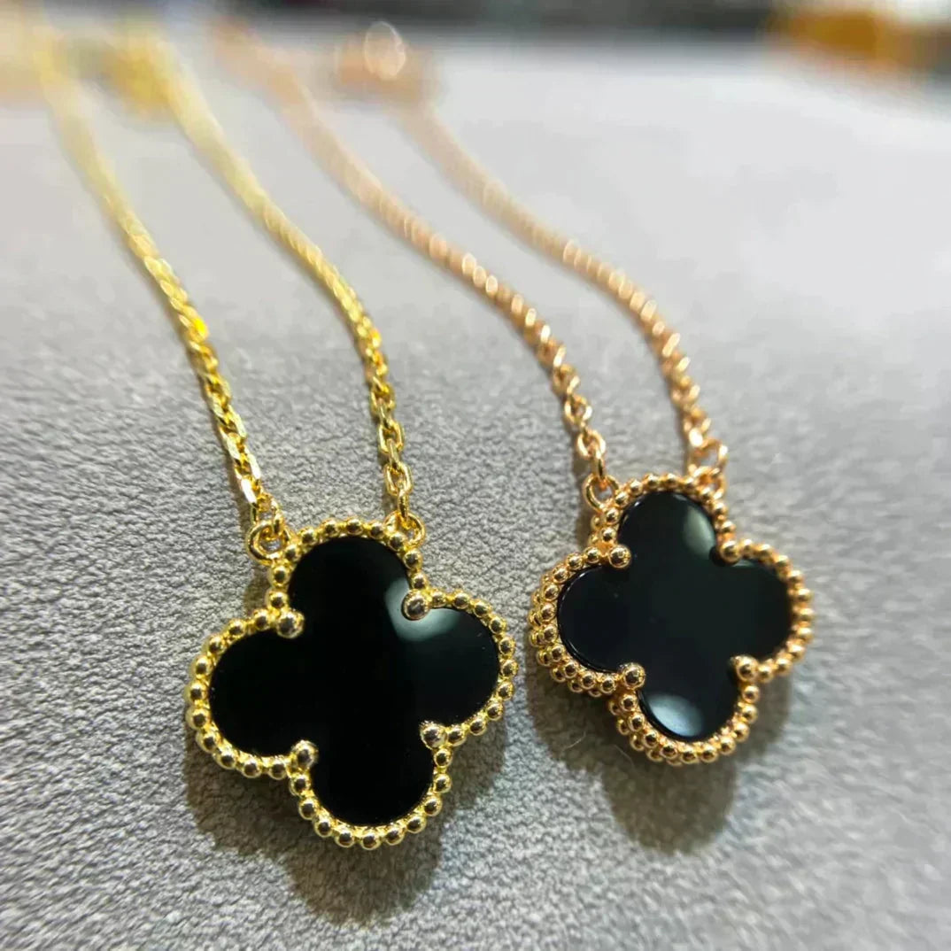 [Vellora-Opalyn]CLOVER 15MM BLACK ONYX SINGLE FLOWER NECKLACE