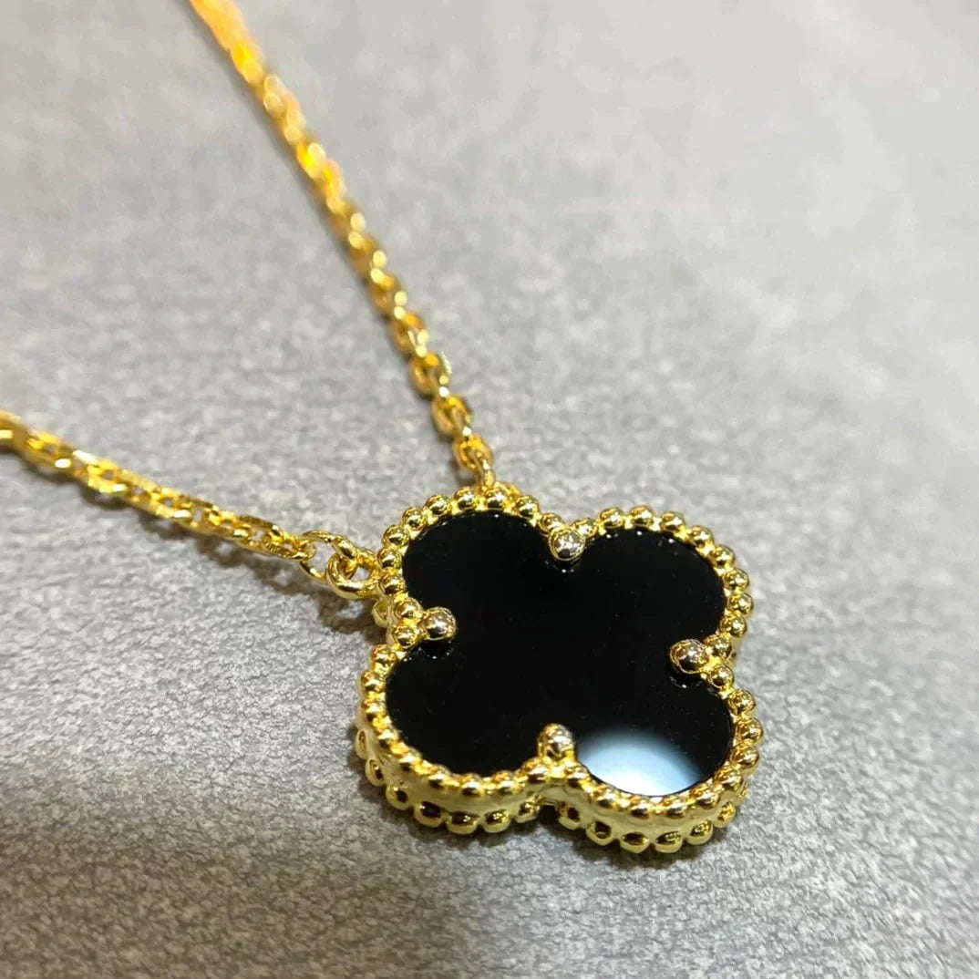 [Vellora-Opalyn]CLOVER 15MM BLACK ONYX SINGLE FLOWER NECKLACE