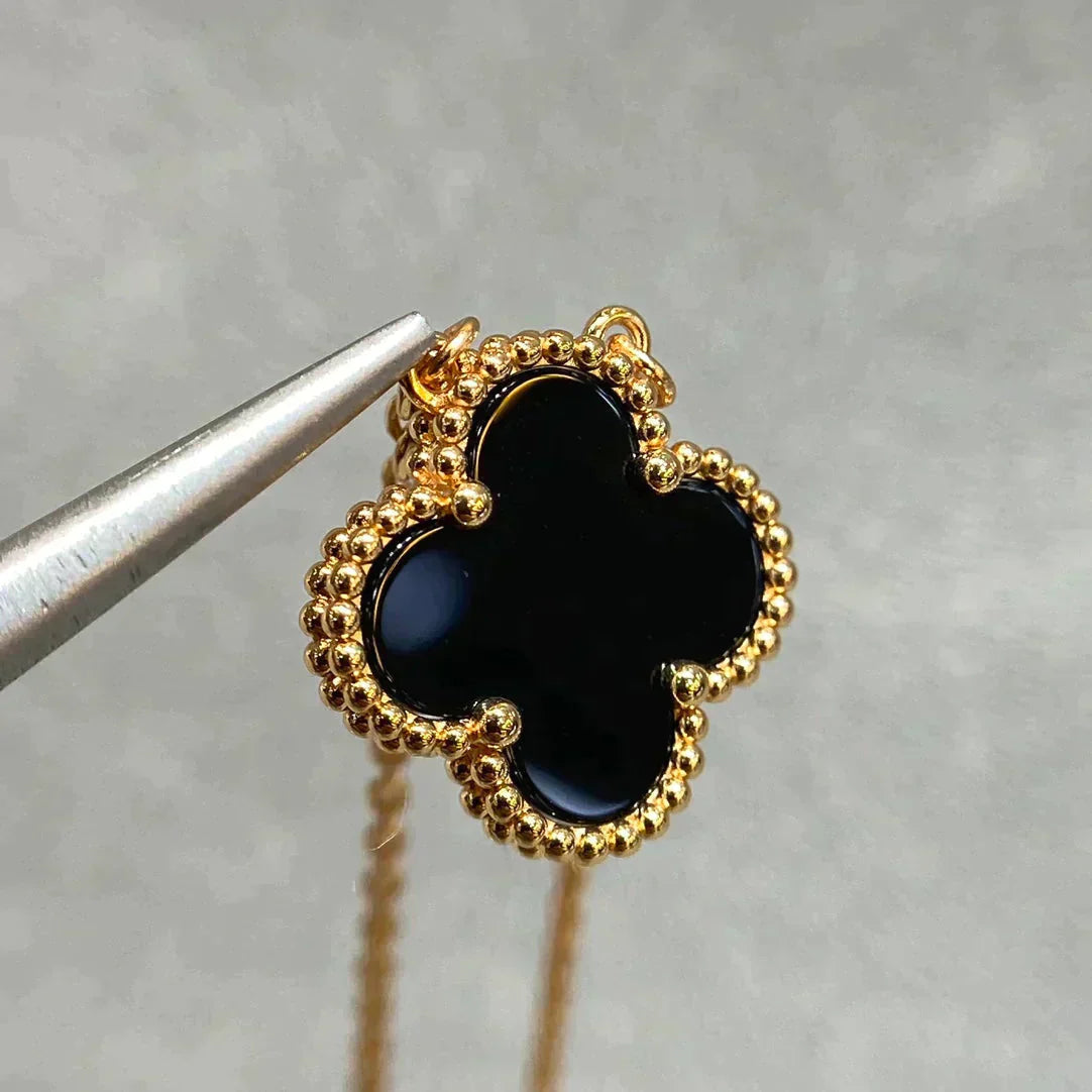 [Vellora-Opalyn]CLOVER 15MM BLACK ONYX SINGLE FLOWER NECKLACE