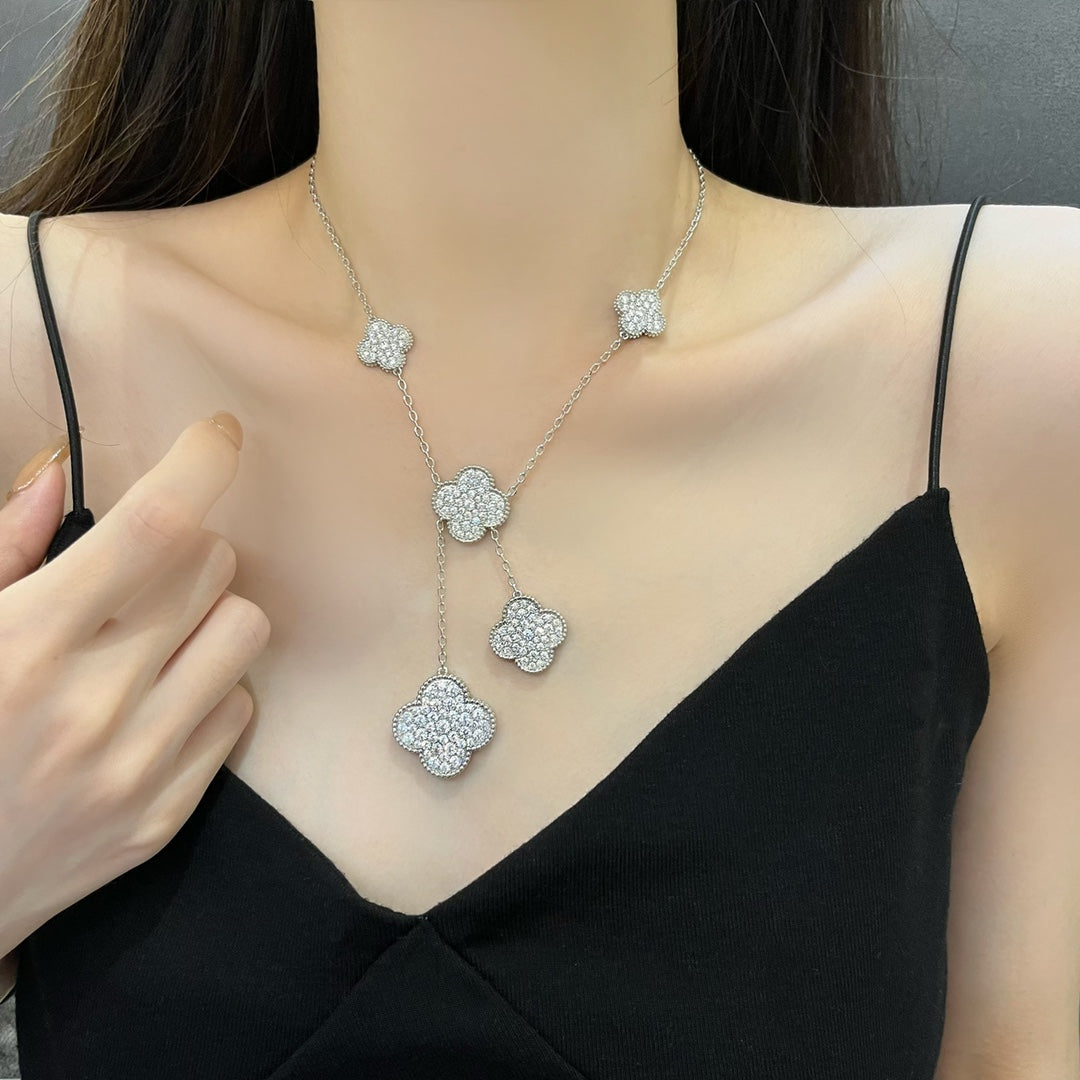 [Vellora-Opalyn]CLOVER 5 MOTIFS SILVER DIAMONDS NECKLACE