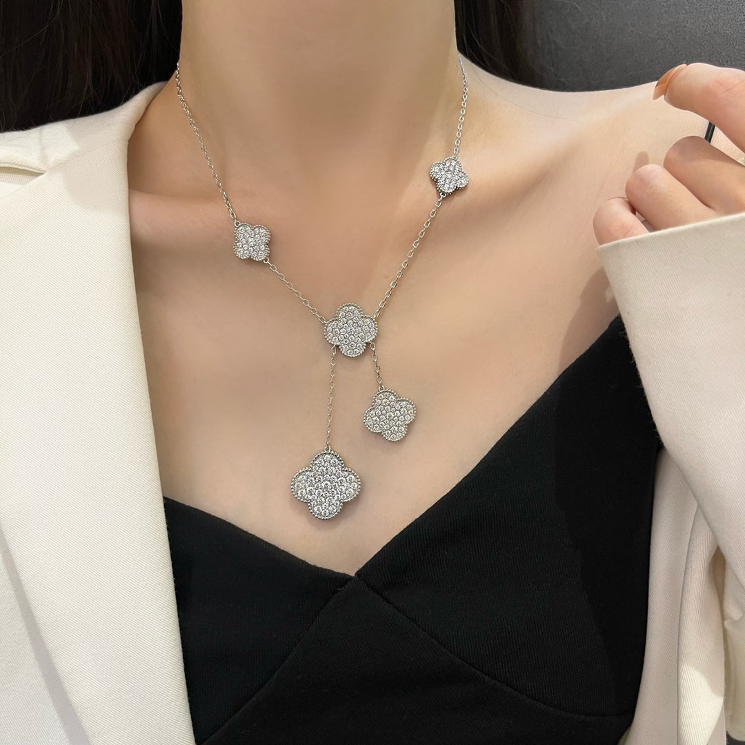 [Vellora-Opalyn]CLOVER 5 MOTIFS SILVER DIAMONDS NECKLACE