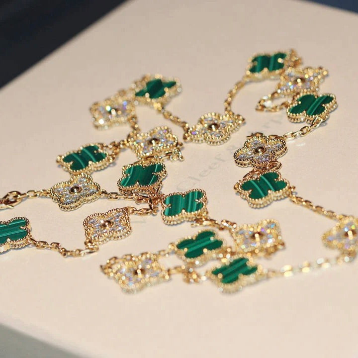 [Vellora-Opalyn]CLOVER 20 MOTIFS MALACHITE DIAMOND NECKLACE