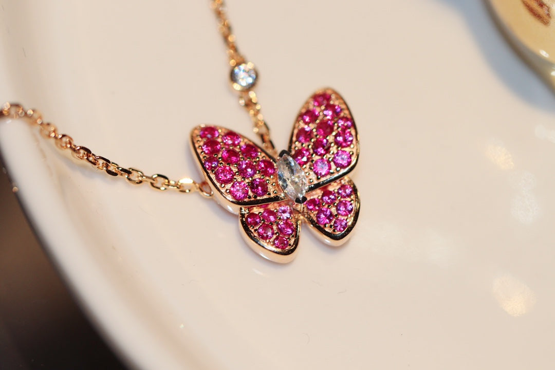[Vellora-Opalyn]BUTTERFLY RED DIAMOND ROSE GOLD NECKLACE
