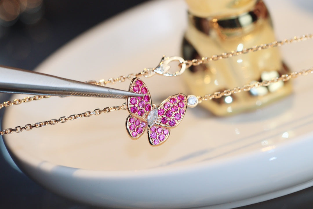 [Vellora-Opalyn]BUTTERFLY RED DIAMOND ROSE GOLD NECKLACE