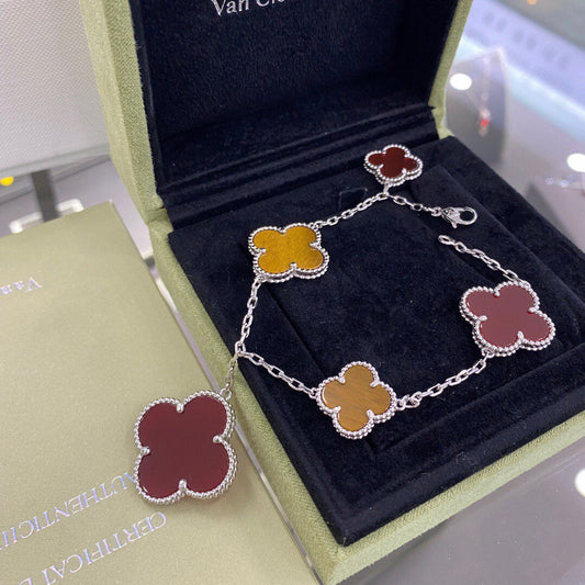 [Vellora-Opalyn]CLOVER 5 MOTIFS SIVLER CARNELIAN TIGER EYE BRACELET