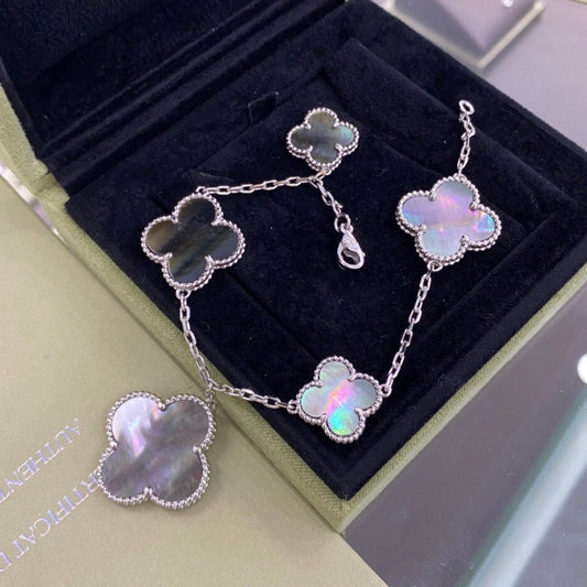 [Vellora-Opalyn]CLOVER 5 MOTIFS SIVLER DARK MOP BRACELET
