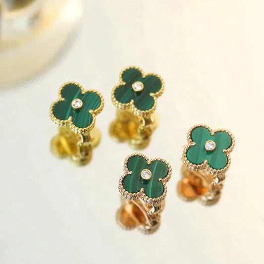[Vellora-Opalyn]CLOVER MEDIUM 1 MOTIFS MALACHITE DIAMOND EARRINGS