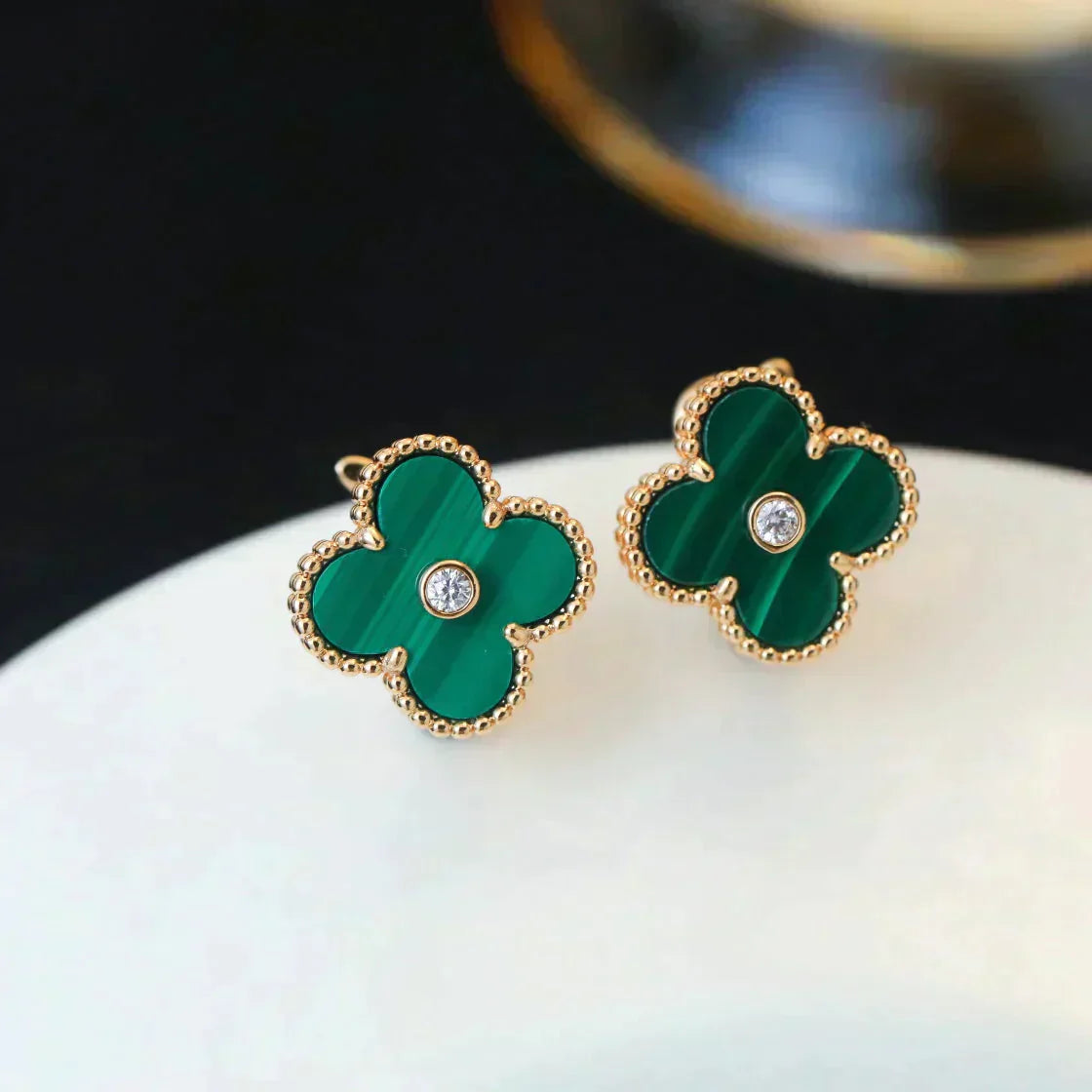 [Vellora-Opalyn]CLOVER MEDIUM 1 MOTIFS MALACHITE DIAMOND EARRINGS