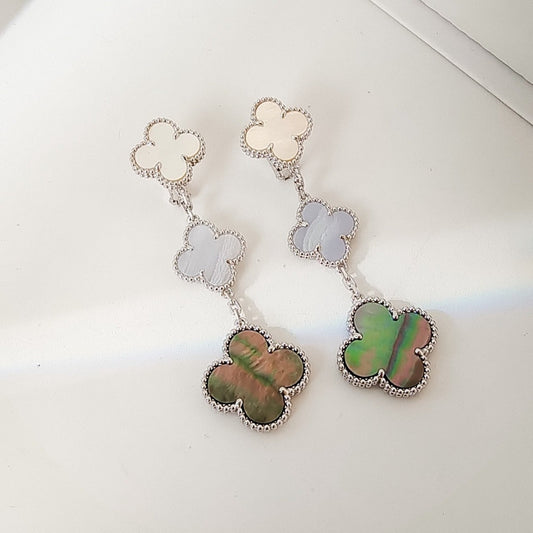 [Vellora-Opalyn]CLOVER 3 MOTIFS CHALCEDONY DARK MOP SILVER EARRINGS