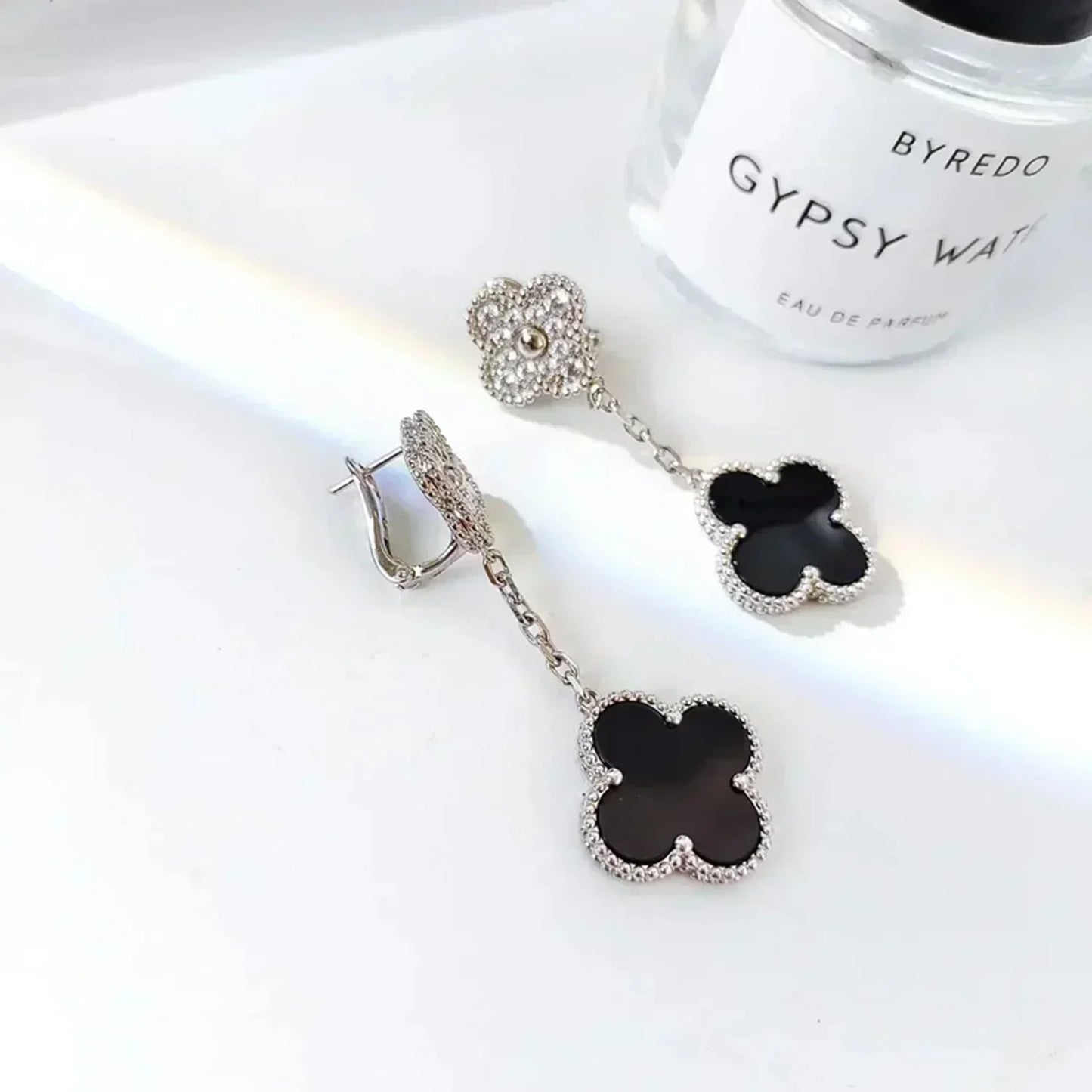 [Vellora-Opalyn]CLOVER 2 MOTIFS  DIAMOND ONYX EARRINGS SILVER