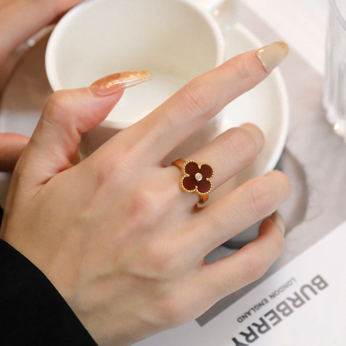 [Vellora-Opalyn]CLOVER CARNELIAN RING ROSE GOLD DIAMOND