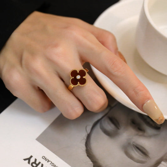 [Vellora-Opalyn]CLOVER CARNELIAN RING ROSE GOLD DIAMOND