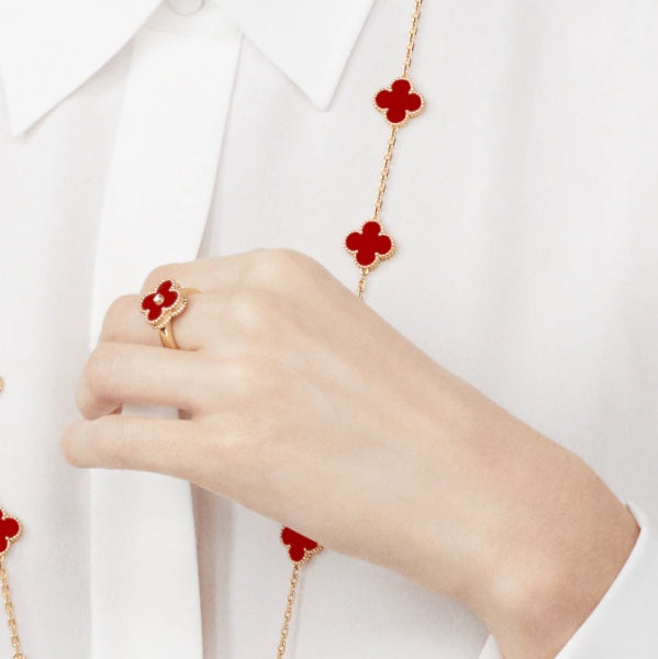 [Vellora-Opalyn]CLOVER CARNELIAN RING ROSE GOLD DIAMOND
