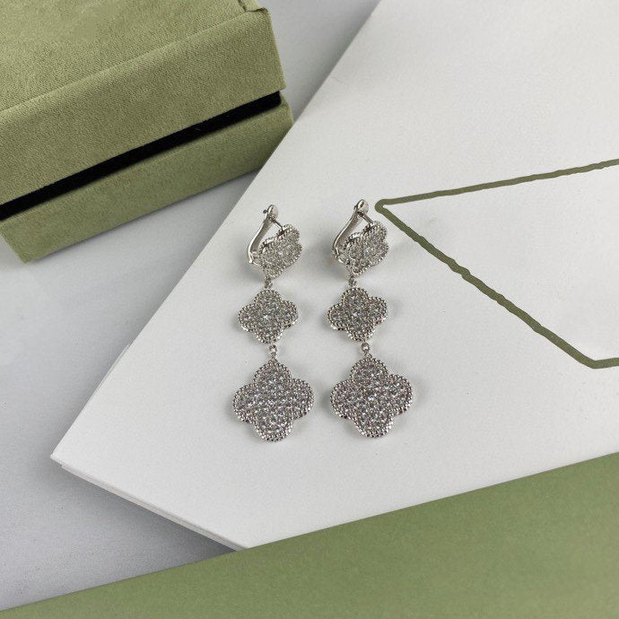 [Vellora-Opalyn]CLOVER 3 MOTIF DIAMOND SILVER DROP EARRINGS