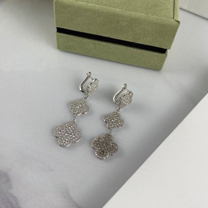 [Vellora-Opalyn]CLOVER 3 MOTIF DIAMOND SILVER DROP EARRINGS