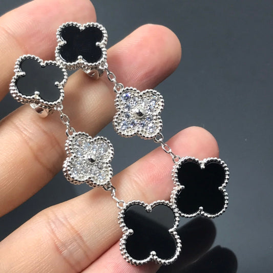 [Vellora-Opalyn]CLOVER 3 MOTIF DIAMOND ONYX SILVER EARRINGS
