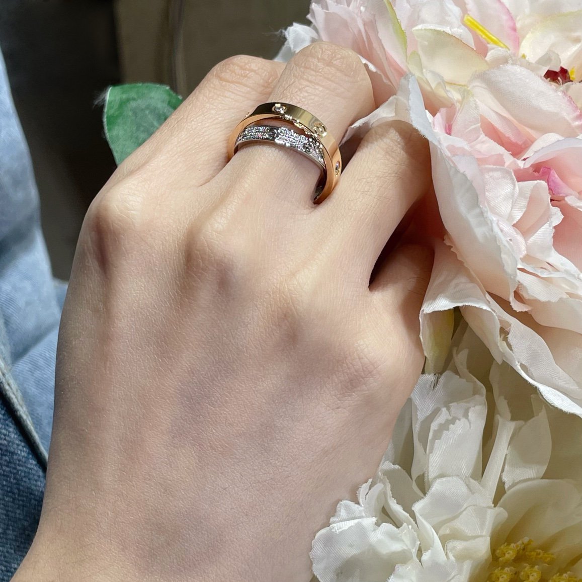[Vellora-Opalyn]LOVE PINK GOLD SILVER DIAMOND DOUBLE RING