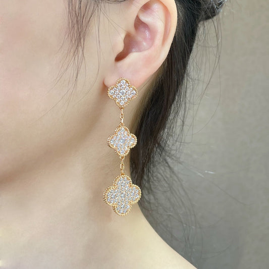 [Vellora-Opalyn]CLOVER 3 MOTIFS DIAMOND PAVED ROSE GOLD EARRINGS