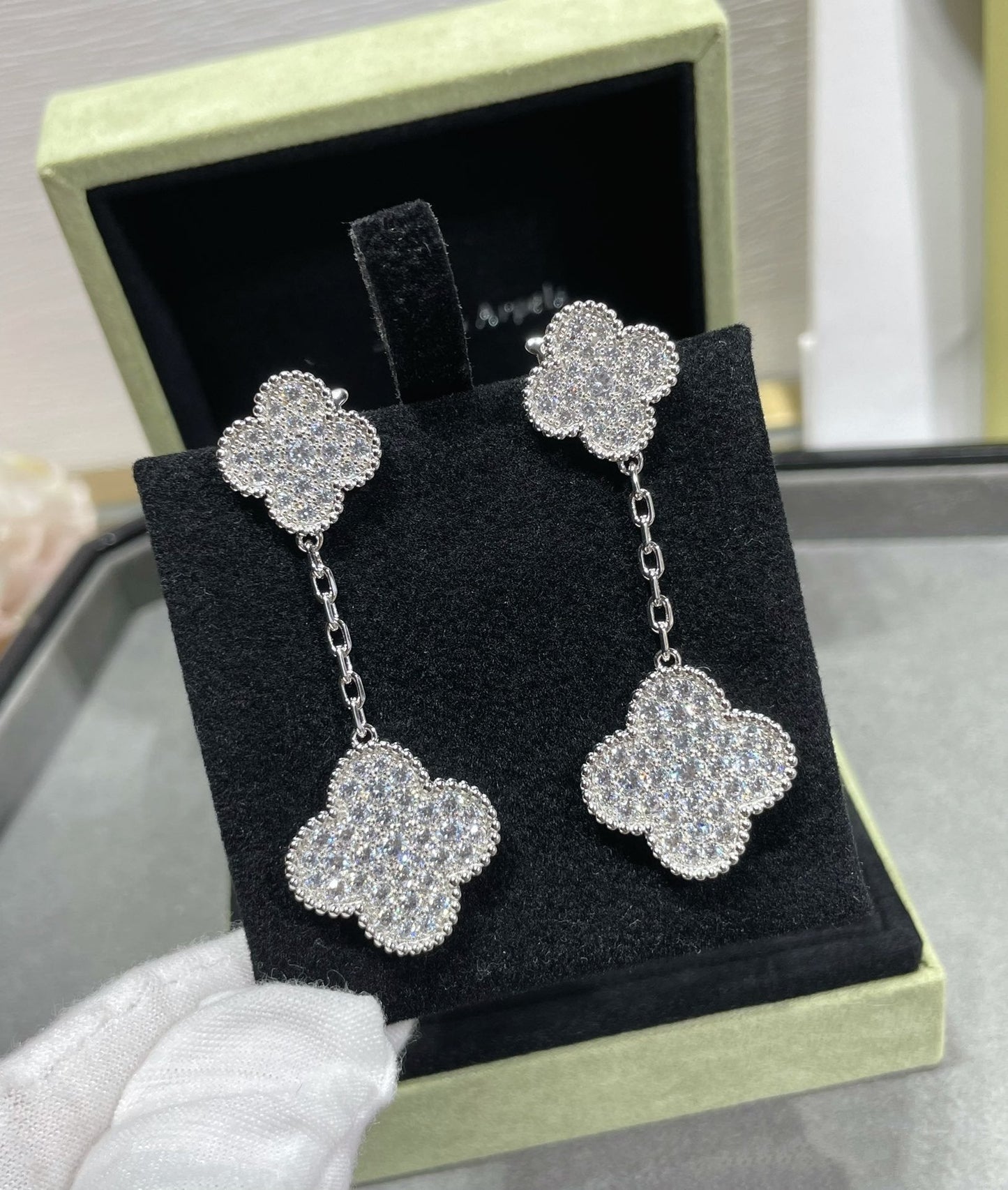[Vellora-Opalyn]CLOVER 2 MOTIFS DIAMOND PAVED SILVER EARRINGS