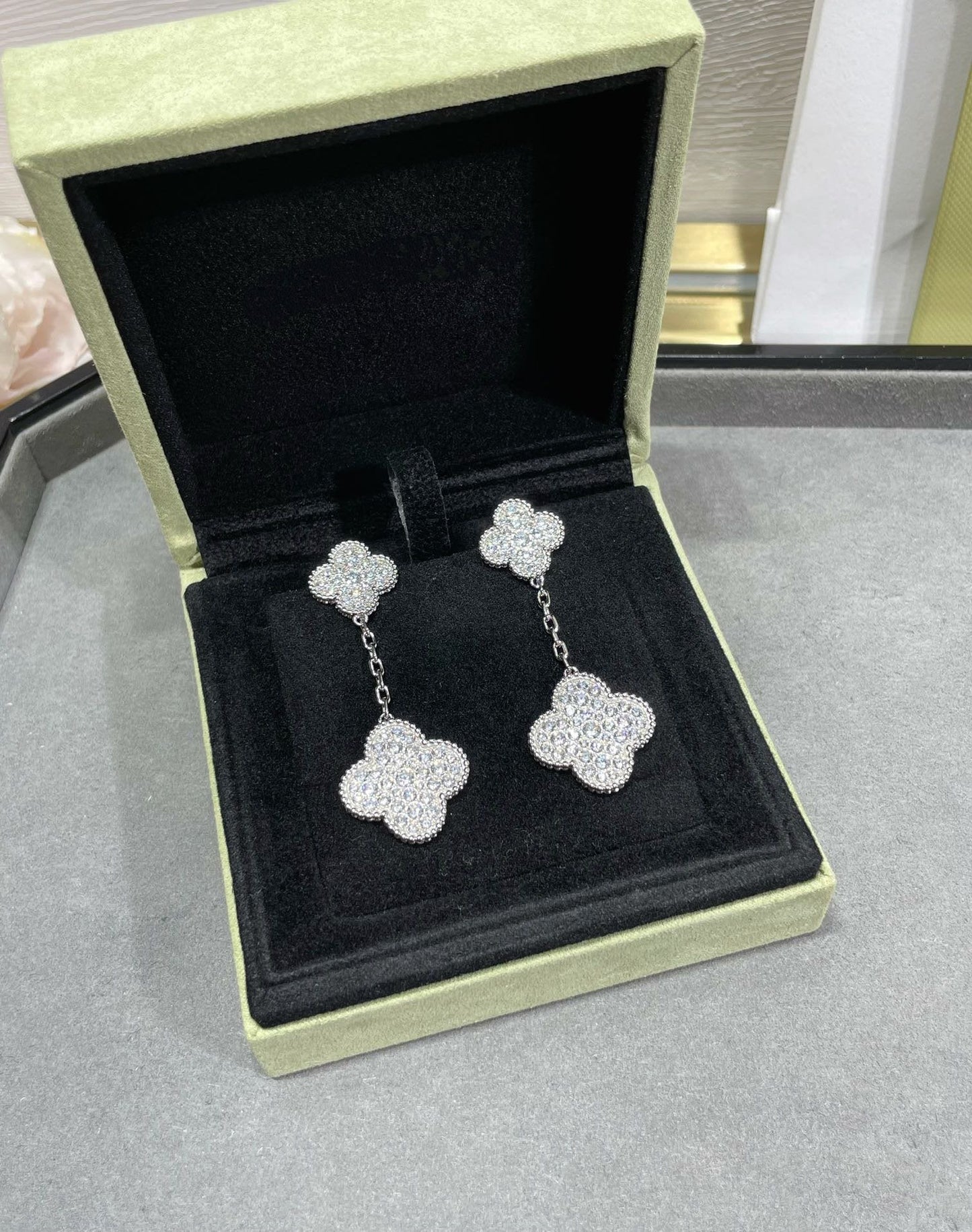 [Vellora-Opalyn]CLOVER 2 MOTIFS DIAMOND PAVED SILVER EARRINGS
