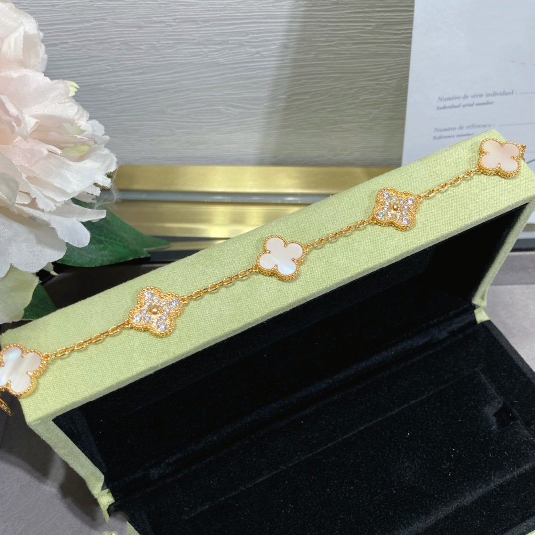 [Vellora-Opalyn]CLOVER 5 MOTIF DIAMOND PINK MOP PINK GOLD BRACELET