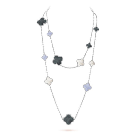 [Vellora-Opalyn]CLOVER 16 MOTIF CHALCEDONY MOP SILVER NECKLACE
