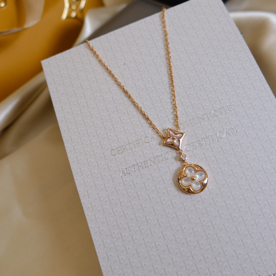 [Vellora-Opalyn]STAR AND SUN WHITE MOP 2 MOTIF PINK GOLD NECKLACE
