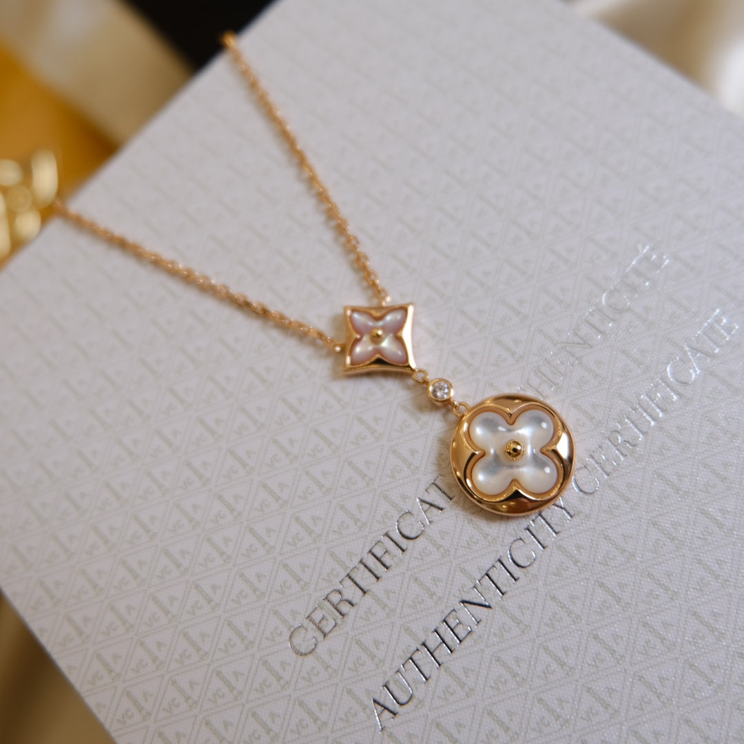 [Vellora-Opalyn]STAR AND SUN WHITE MOP 2 MOTIF PINK GOLD NECKLACE
