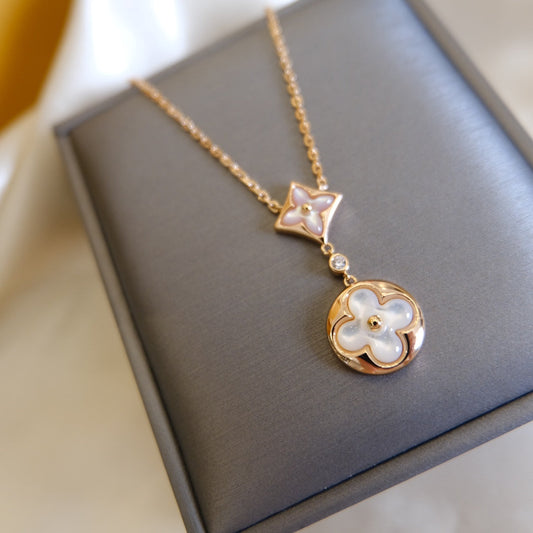[Vellora-Opalyn]STAR AND SUN WHITE MOP 2 MOTIF PINK GOLD NECKLACE