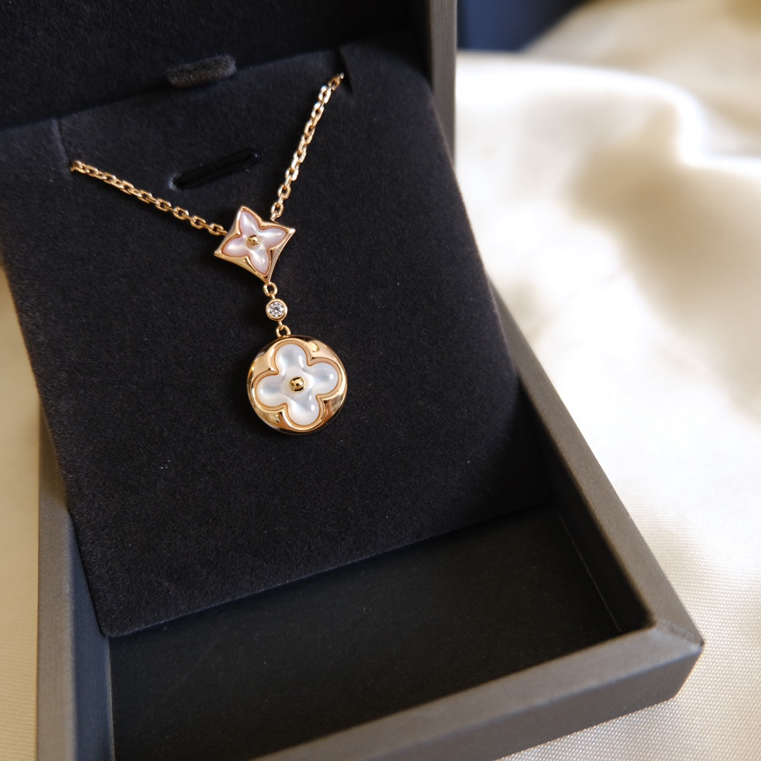 [Vellora-Opalyn]STAR AND SUN WHITE MOP 2 MOTIF PINK GOLD NECKLACE