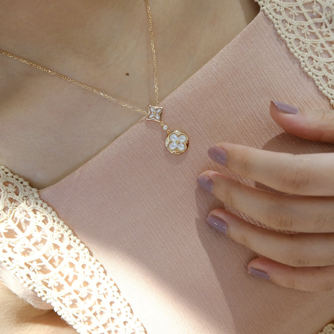 [Vellora-Opalyn]STAR AND SUN WHITE MOP 2 MOTIF PINK GOLD NECKLACE