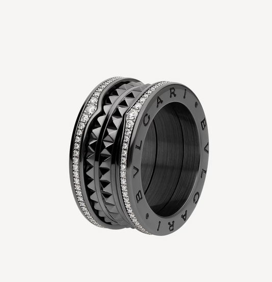 [Vellora-Opalyn]ZERO 1 ROCK FOUR-BAND BLACK CERAMIC WITH STUDDED SPIRAL AND PAVED DIAMONDS RING