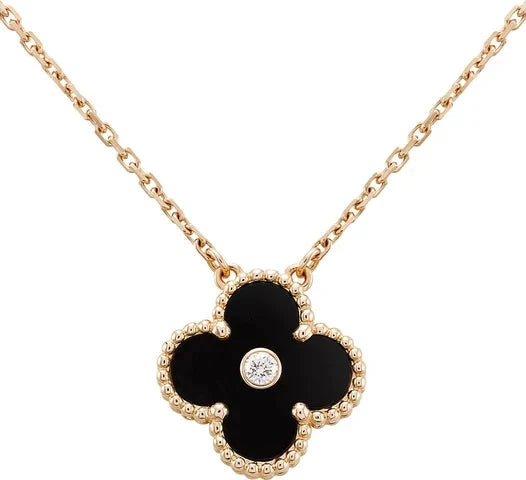 [Vellora-Opalyn]CLOVER 15MM DIAMOND ONYX NECKLACE