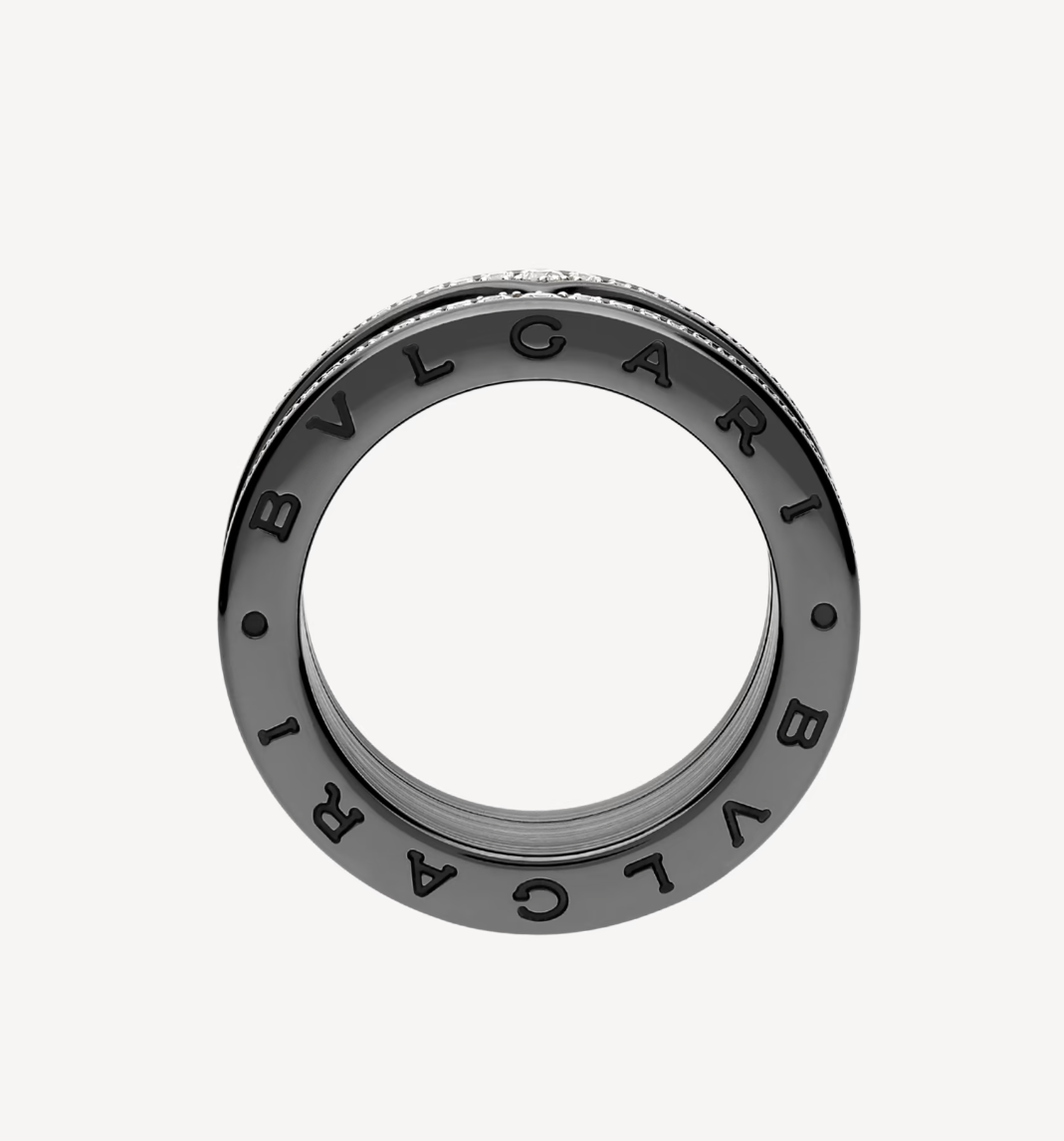 [Vellora-Opalyn]ZERO 1 ROCK FOUR-BAND BLACK CERAMIC WITH STUDDED SPIRAL AND PAVED DIAMONDS RING