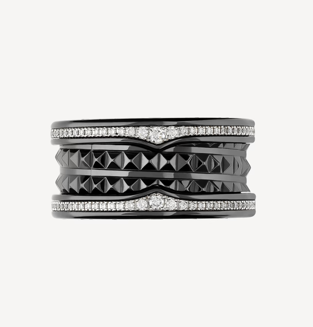 [Vellora-Opalyn]ZERO 1 ROCK FOUR-BAND BLACK CERAMIC WITH STUDDED SPIRAL AND PAVED DIAMONDS RING